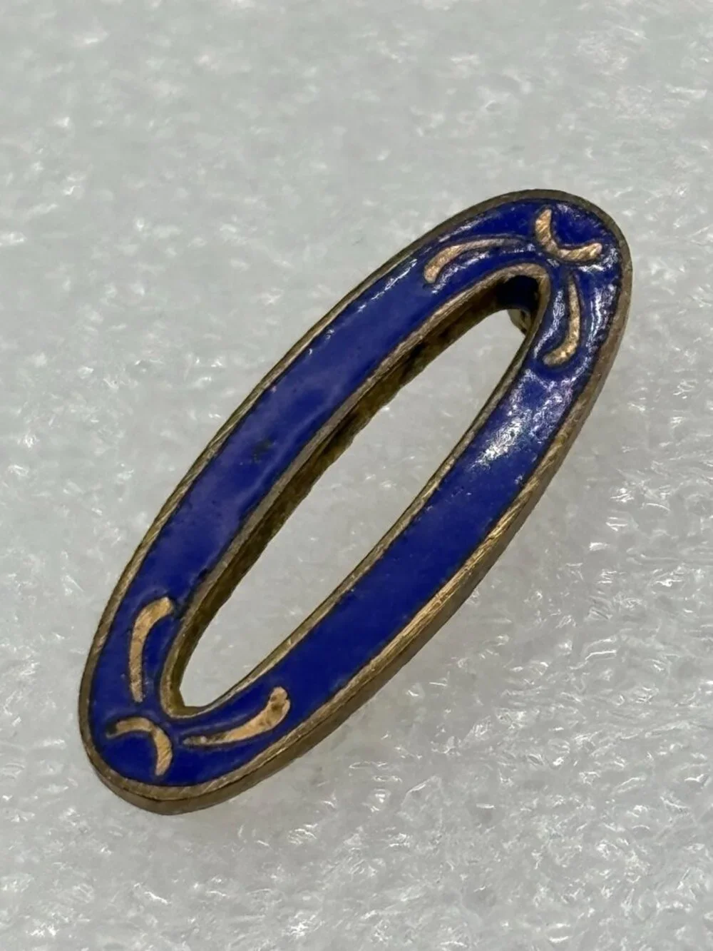 Antique Edwardian Era Sash Collar Lace Pin Open Oval Cobalt Enamel Brass C Clasp